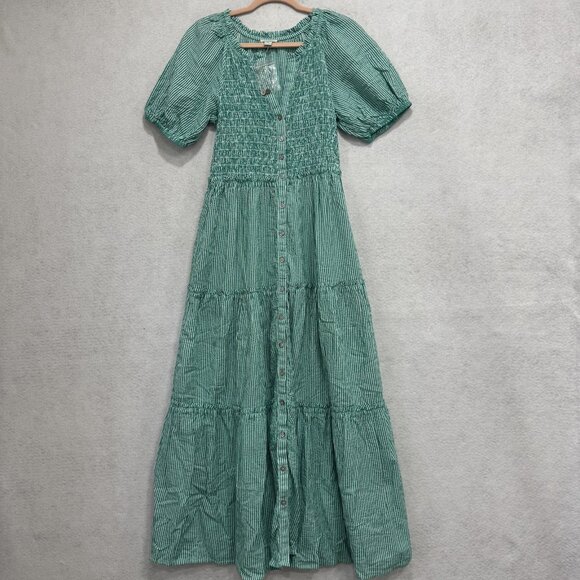 Sundance Dress Womens XS Green Striped Maxi Button Front Smocked Bodice Tiered - Picture 1 of 8